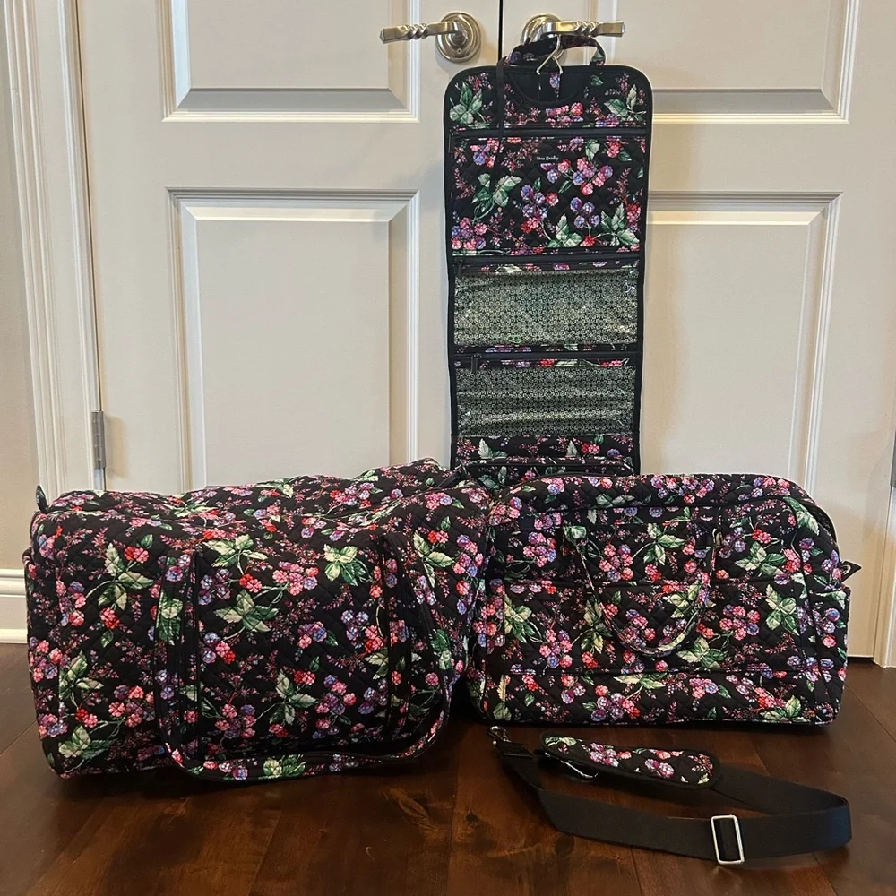 Vera Bradley Black Floral Travel Bag Set with Pink & Green Accents